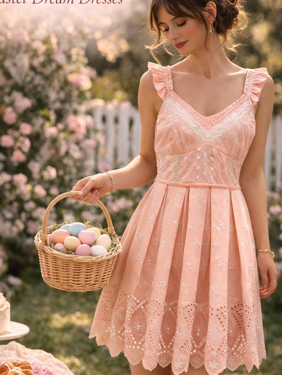 LoveShackFancy Dresses & Skirts - LoveShackFancy Pink Eyelet Mini Dress Size 6  Sleeveless Pleated Boho NWT